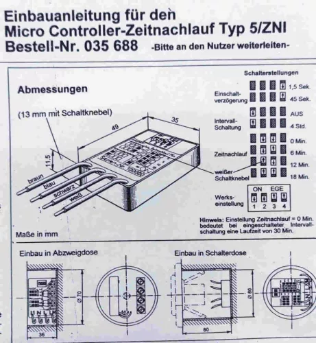Lunos 5/ZNI időzítő 0-6-12-18perc, Lunos ventilátorhoz