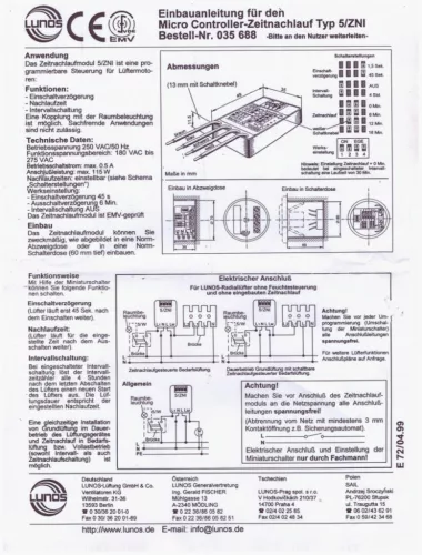 Lunos 5/ZNI időzítő 0-6-12-18perc, Lunos ventilátorhoz