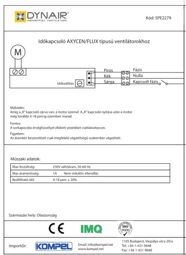 Timer switch for AXYCEN/FLUX type fans